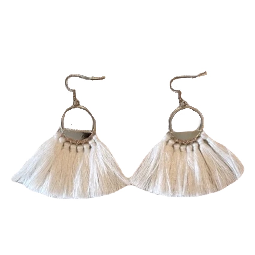 New Bohemian Off White Tassel Gold Tone Macrame Semi Circle Dangle Earrings